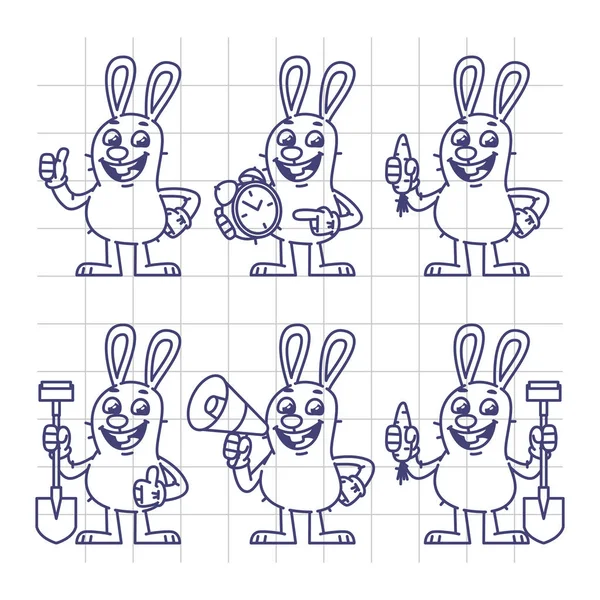Sketch Rabbit Holds Carrot Clock Shovel Megaphone Set Characters — Stock Vector