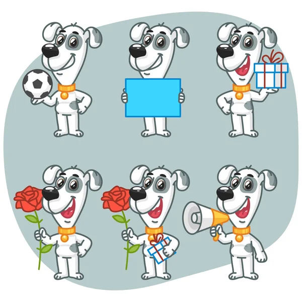 Definir personagem cão segurando papel de bola flor presente Megaphone — Vetor de Stock