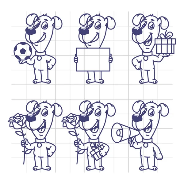 Conjunto de esboço personagem cão segurando papel de bola Flor presente Megaphon — Vetor de Stock
