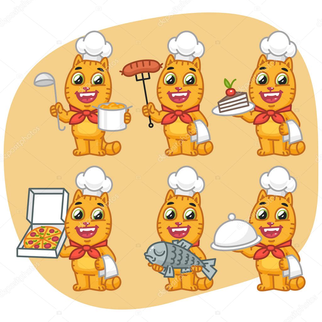 Set Cat Character Chef Holding Various Objects