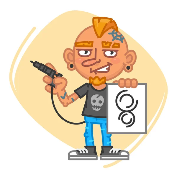 Tattoo Artist Holds Tattoo Machine and Sketch — Stock Vector