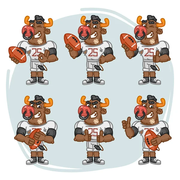 Set di personaggi Bull Football Player tiene la palla rettangolare — Vettoriale Stock