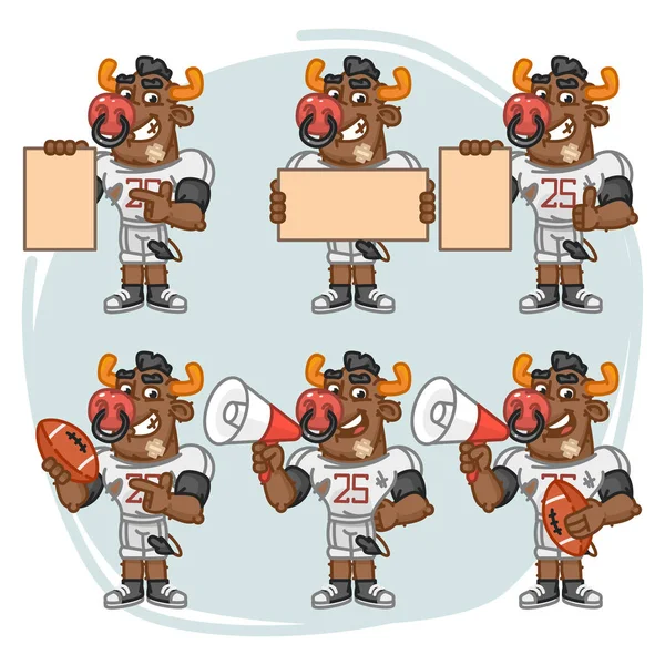 Character Set Bull fotbollsspelare innehar Megaphone bollen papper — Stock vektor