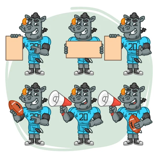 Character Set Rhino fotbollsspelare innehar Megaphone bollen papper — Stock vektor