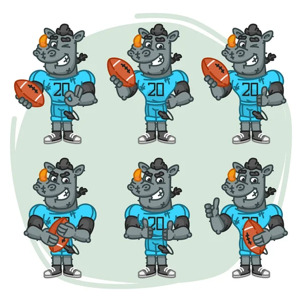 Character Set Rhino fotbollsspelare innehar rektangulära bollen — Stock vektor