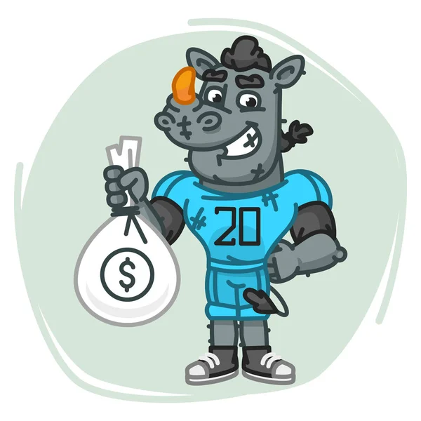 Rhino jugador de fútbol sostiene bolsa de dinero — Vector de stock
