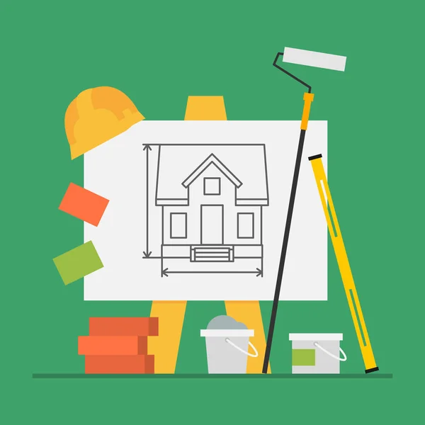 Concepto Construcción Flip Chart Nivel Ladrillos Cubo Cemento Pintura — Vector de stock