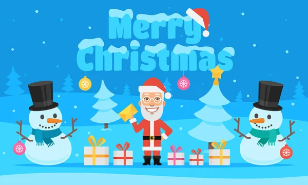 Concepto de Navidad Santa Claus y dos muñecos de nieve en el bosque nevado — Vector de stock