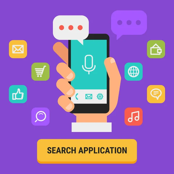 Έννοια αναζήτηση για χέρι εικονίδια App κρατώντας το κινητό τηλέφωνο — Διανυσματικό Αρχείο