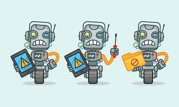 Trois variantes robot personnage tenant dossier tournevis tablette — Image vectorielle