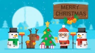 Neşeli Noel kavramı Santa Claus Reindeer kardan adam ve Noel ağacı döngü. Hareketli grafikler. Video tebrik.