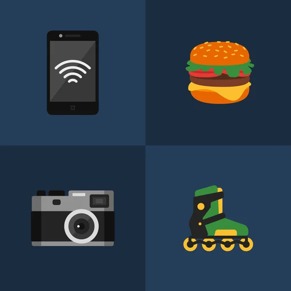 Teléfono móvil. Hamburguesa. Cámara. Rodillos. Conjunto de iconos. Conjunto de objetos — Vector de stock