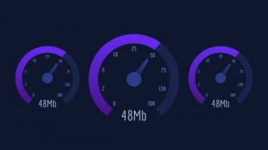 Üç hız göstergesi Internet hızı 50 mb 100 mb 300 mb leylak ölçek. Hareketli grafikler. Animasyon Video.