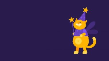 Yürüyen ve uçan bir kedi sihirbaz. Karakter animasyon. Hareketli grafikler.