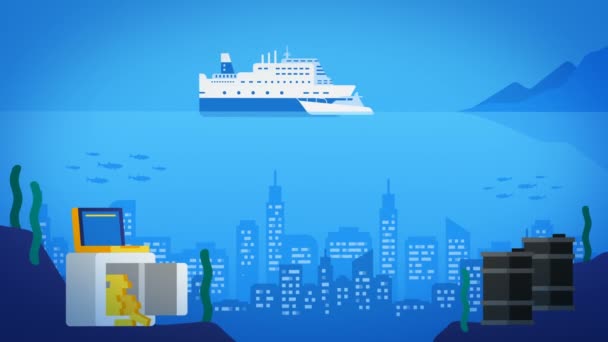 Город Океане Безопасно Золотыми Бочками Нефти Туристический Корабль Яхта Графика — стоковое видео