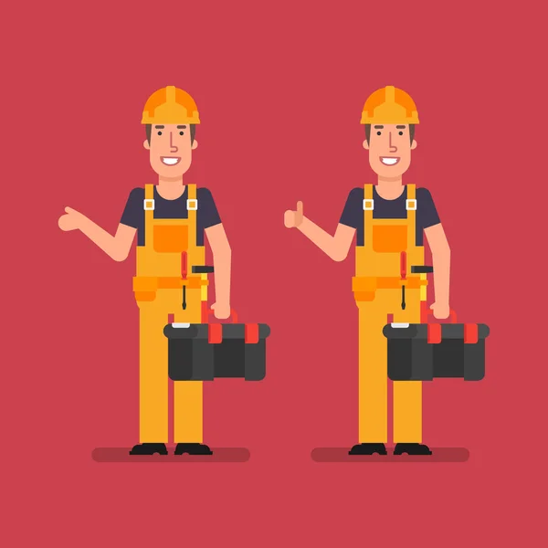 Builder smiles shows thumbs up and holds box tools — Stock Vector