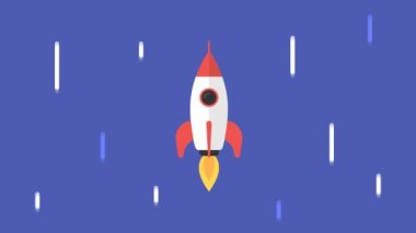 Roket yıldızlı gökyüzünde uçuyor. Özgeçmiş kavramı. Hareket grafikleri. Döngü canlandırması