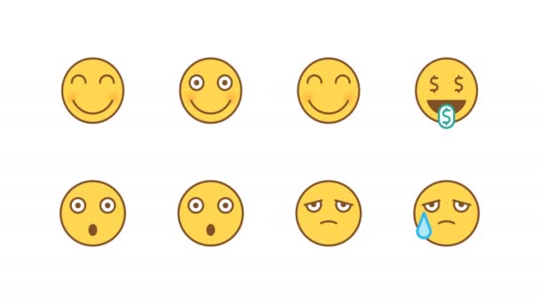 Emoticons Conjunto Adesivos Mostra Linguagem Assustado Chateado Emoticons Animados Canal — Vídeo de Stock