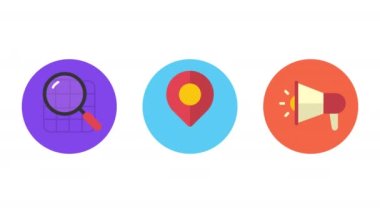 İş simgeleri büyüteç jeotag megafonu. Canlandırma simgeleri. Şeffaf arka plan. Döngü animasyonu. Hareket grafikleri