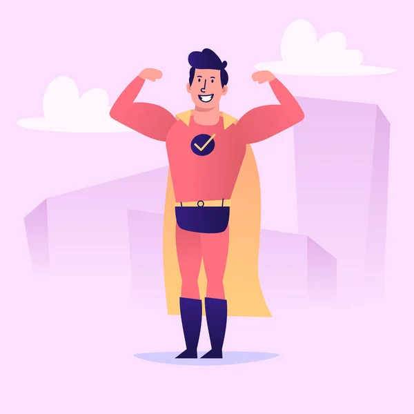 Süper Kahraman Kaslarını Gülümsemelerini Gösterir Vektör Karakter Vektör Llüstrasyonu — Stok Vektör