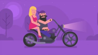 Bisikletli ve sarışın kız motosiklete biniyor. Doğa gece gündüz. Döngü animasyonu. Hareket grafikleri