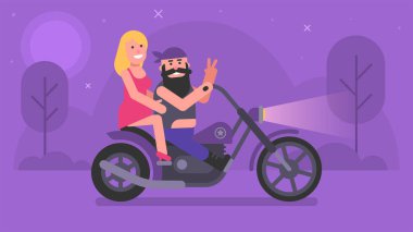 Bisikletli ve sarışın kız motosiklet sürüyor. Doğa gecesi geçmişi. Vektör İllüstrasyonu