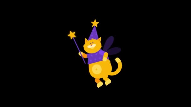 고양이 마술가는 화면을 이리저리 날아다니며 지팡이를 흔들어 캐릭터 애니메이션 그래픽스 — 비디오