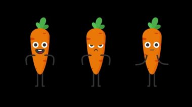 Havuç komik karakter. Üç animasyon evet hayır sürpriz. Şeffaf arka plan. Döngü animasyonu. Hareket grafikleri