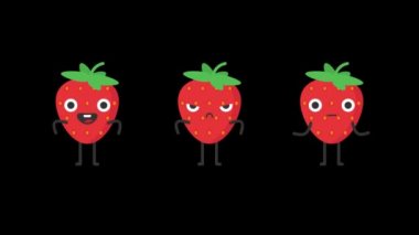 Çilekli komik karakter. Üç animasyon evet hayır sürpriz. Şeffaf arka plan. Döngü animasyonu. Hareket grafikleri