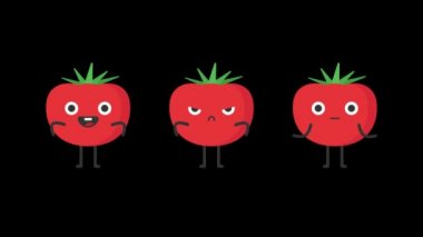 Komik domates karakteri. Üç animasyon evet hayır sürpriz. Şeffaf arka plan. Döngü animasyonu. Hareket grafikleri