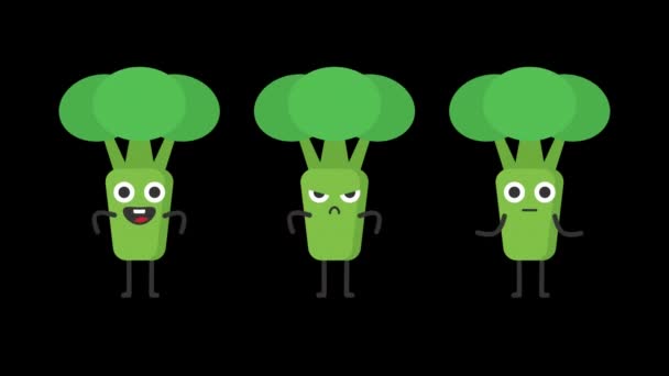 Carácter Gracioso Brócoli Tres Animaciones Sorprende Fondo Transparente Animación Loop — Vídeos de Stock