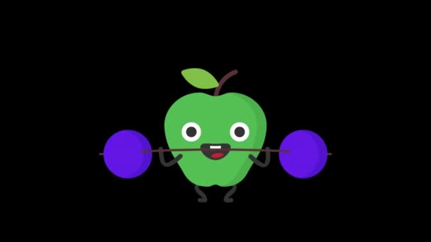 Jabłko Podnosi Sztangę Uśmiecha Się Przejrzyste Tło Animacja Pętli Grafika — Wideo stockowe