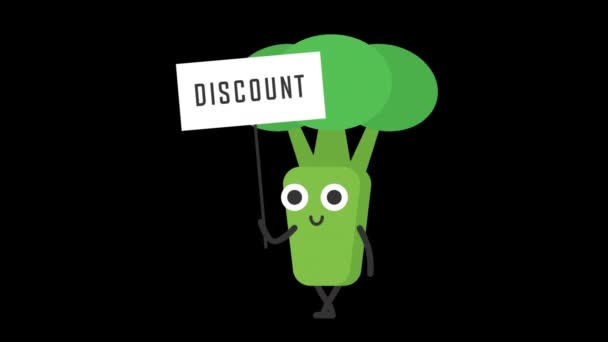 Broccoli Holds Sign Word Discount Transparent Background Loop Animation Motion — Stock Video
