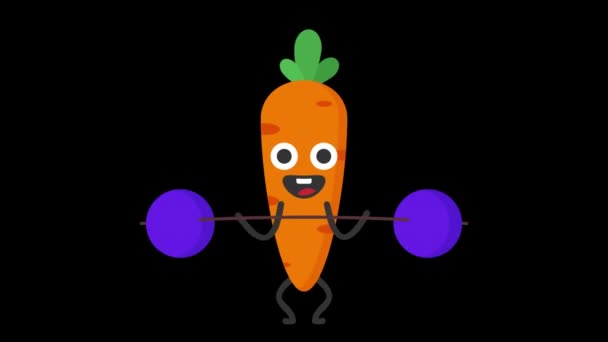 Морковь Поднимает Штангу Улыбается Прозрачный Фон Цикл Анимации Графика Движения — стоковое видео