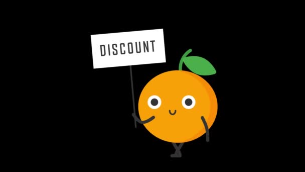 Oranje Houdt Bord Met Woord Korting Doorzichtige Achtergrond Loop Animatie — Stockvideo