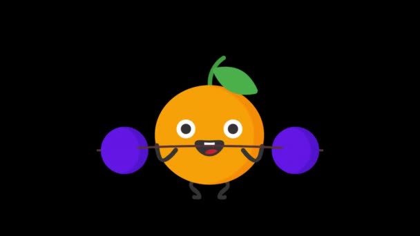 Orange Raises Barbell Smiles Transparent Background Loop Animation Motion Graphics — Stock Video