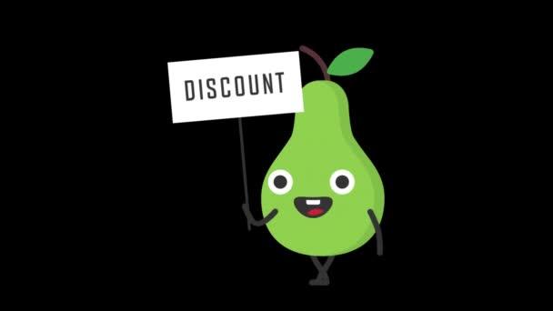 Pear Holds Sign Word Discount Transparent Background Loop Animation Motion — Stock Video