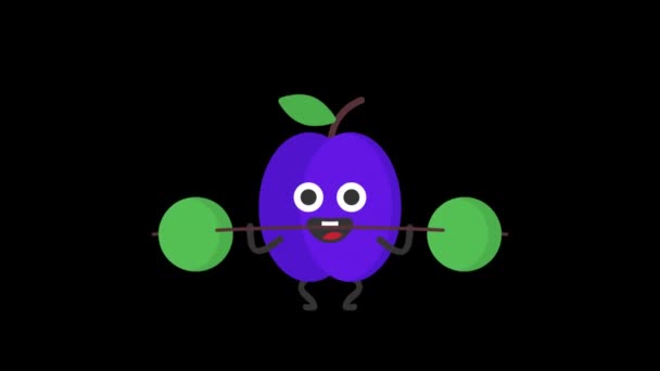 Plum Raises Barbell Smiles Transparent Background Loop Animation Motion Graphics — Stock Video