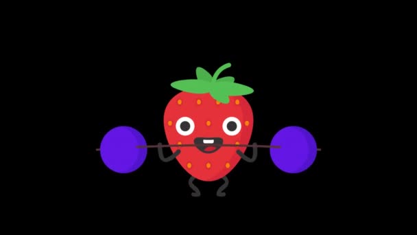 Strawberry Raises Barbell Smiles Transparent Background Loop Animation Motion Graphics — Stock Video