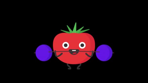 Tomat Mengangkat Barbel Dan Tersenyum Latar Belakang Transparan Animasi Loop — Stok Video