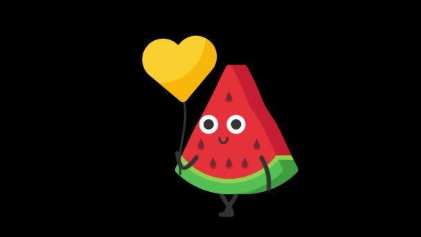 Watermelon Holding Heart Shaped Balloon Transparent Background Loop Animation Motion — Stock Video