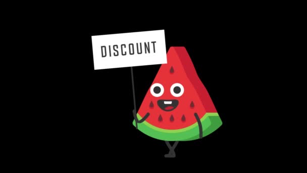 Wassermelone Hält Schild Mit Wortrabatt Transparenter Hintergrund Schleifenanimation Bewegungsgrafik — Stockvideo