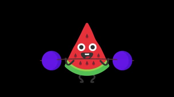 Watermelon Raises Barbell Smiles Transparent Background Loop Animation Motion Graphics — Stock Video