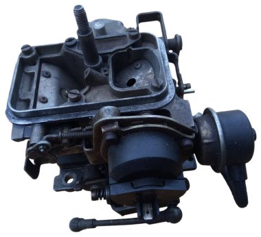 Beyaz arkaplanda eski yağ dolu karbüratör