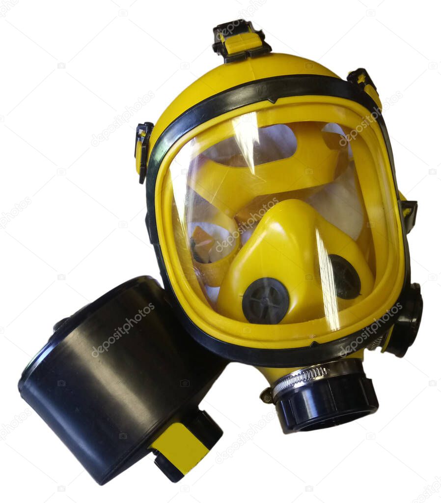 yellow respirator mask with filter on white background