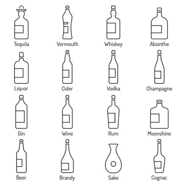 Vektör ince çizgi alkol simgeler kümesi