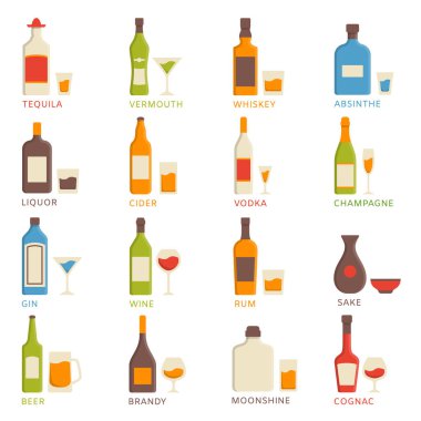 Düz tasarım tarzında vektör alkol simgeler kümesi