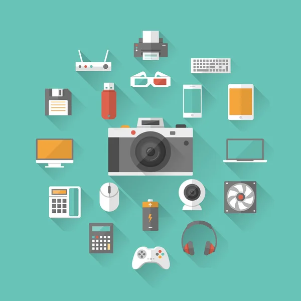 Set di icone di tecnologia e dispositivi multimediali. Illustrazione vettoriale — Vettoriale Stock