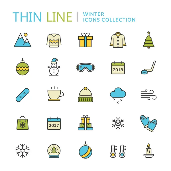Coleção de ícones de linha fina de inverno — Vetor de Stock