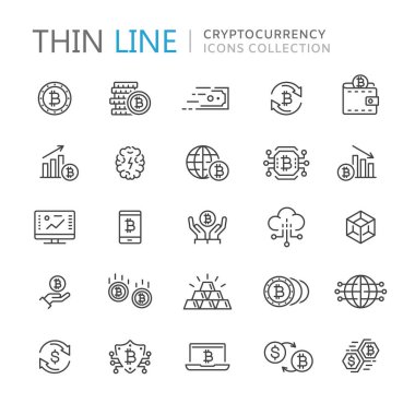 Cryptocurrency ince bir çizgi simgeler koleksiyonu